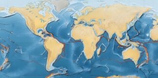 This detailed world map illustrates tectonic plates with oceanic topography, highlighting plate boundaries and geographical features. The illustration provides a comprehensive view of the Earth's structure and geological activity.