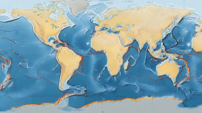 This detailed world map illustrates tectonic plates with oceanic topography, highlighting plate boundaries and geographical features. The illustration provides a comprehensive view of the Earth's structure and geological activity.