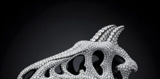 Intricate 3d-printed model of a theropod dinosaur skull with detailed bone structure