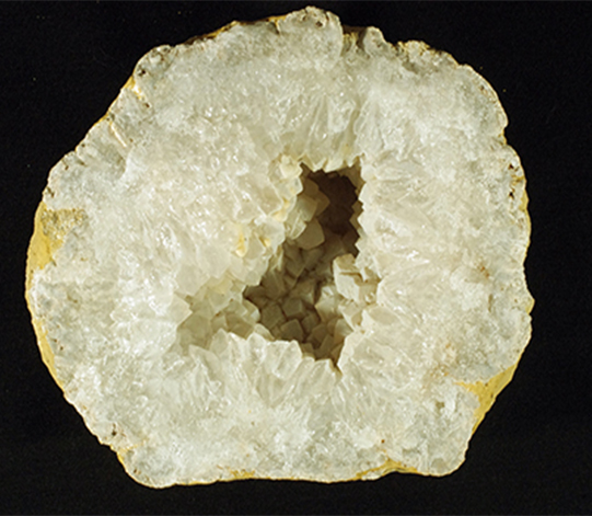 Keokuk geode half contains pseudocubic quartz crystals