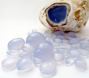Blue Chalcedony nodule and gems
