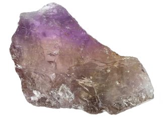 Ametrine: The Bicolor Quartz of Amethyst and Citrine ametrine crystal from Anahi Mine, Bolivia isolated on white background
