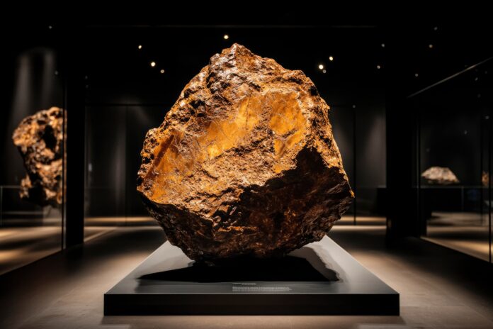 Large meteorite displayed on pedestal in dark room Large meteorite