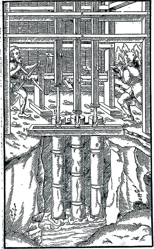 De Re Metallica illustration depicting a manual pumping system