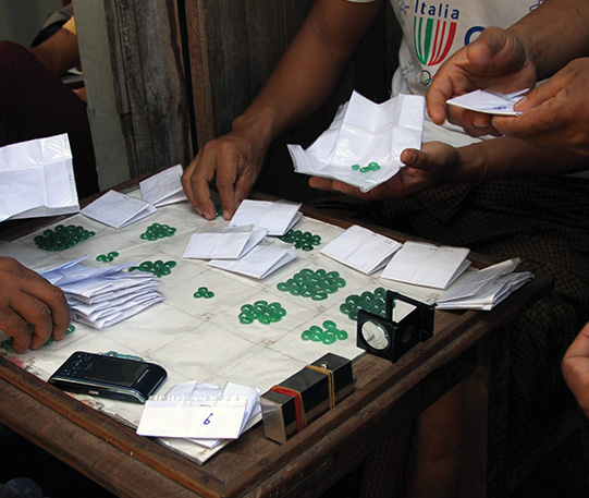 Finished jadeite cabochons at Mandalay jade market