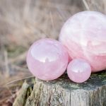 Three rose quartz crystal spheres in different sizes resting on a tree in a forest