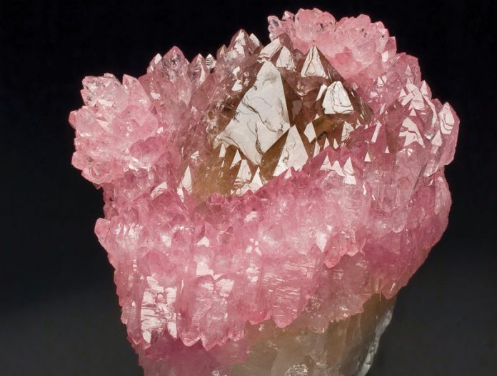 Cluster of Pink Quartz Crystals cluster of pink quartz with yellow citrine in the middle