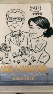 Caricature of Jocelyn Zimmer and her dad, artwork for the Zimmer Brothers Jewelers ‘Hollywood on the Hudson’ Gala 2020. 