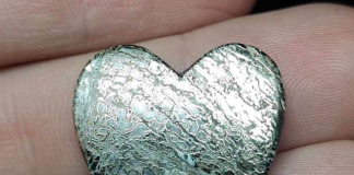 heart shaped cabochon made of dinosaur bone fossil