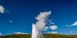 Eruption of Old Faithful geyser in Yellowstone National Park, Wyoming, USA