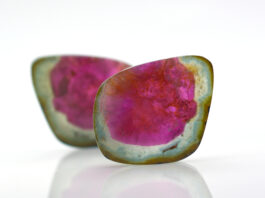 Watermelon Tourmaline Field Guide watermelon tourmalines pink and green polished and shiny on white background