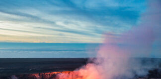 Fire and steam erupting from Kilauea Crater (Pu'u O'o crater), Hawaii Volcanoes National Park, Big Island of Hawaii