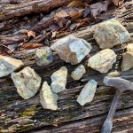 amazonite pieces laid on a piece of wood