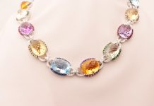 Necklace with birthstones by month featuring sapphire, ruby, amethyst, garnet, and diamonds set in white gold