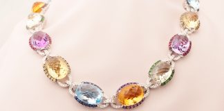 Birthstone White Gold Necklace With Blue And Yellow Sapphire, Rubies, Amethyst, Green Garnet And Diamonds