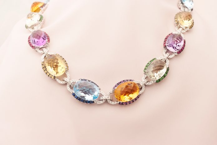 White Gold Necklace With Blue And Yellow Sapphire, Rubies, Amethyst, Green Garnet And Diamonds Birthstone White Gold Necklace With Blue And Yellow Sapphire, Rubies, Amethyst, Green Garnet And Diamonds