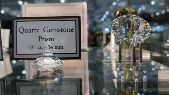 faceting-quartz-gemstones display of faceted quartz gemstones