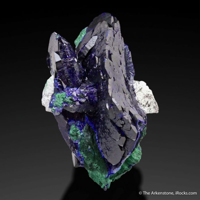 Azurite dramatic Millpillas specimen with intense blue color in its large crystals and malachite underneath