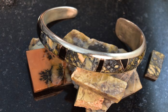 Say No to Prongs yellow, black, and blue-grey australian dendritic opal bracelet made setting opals without prongs