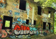 walls in concrete city houses covered in graffiti