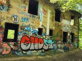 walls in concrete city houses covered in graffiti