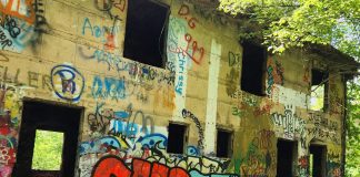 walls in concrete city houses covered in graffiti