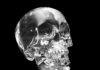 Crystal skull on black at angle ancient South American artifact