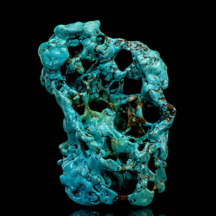 Turquoise in its natural shape from the turquoise mines in Hubei, China. 27cm tall.