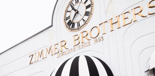 Outside of Zimmer Brothers Jewelry store.