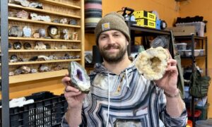 agate dad with geodes in his workroom