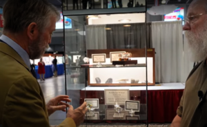 fantasy cut gemstones in a display case at the gem shows in Tucson, Arizona