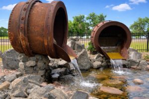 two vats used in a rock-strewn pond in a landscaping with stone design