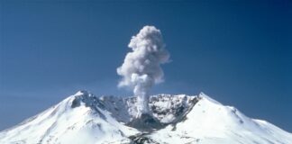 Mount st. Helens with steam-ash clouds rising