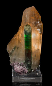 Elbaite in citrine quartz specimen with lepidolite.