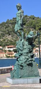 The statue of Odysseus at the edge of the port of Vathy in Ithaca, Greece.