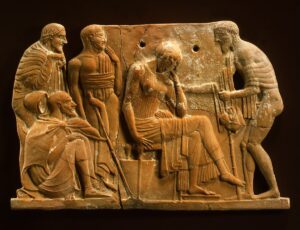 Odysseus and Penelope, terracotta relief from Milos, ca. 450 B.C., at the Metropolitan Museum of Art in New York City
