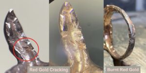 Ring castings with three different types of gold alloy.