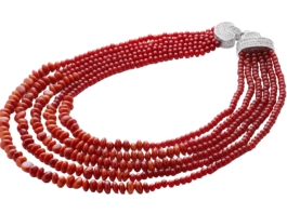 Multi-strand red coral beaded necklace with diamond clasp