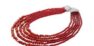 Multi-strand red coral beaded necklace with diamond clasp