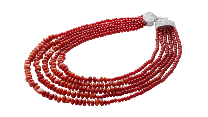 red-coral Multi-strand red coral beaded necklace with diamond clasp