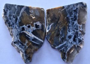 Pietersite is a rare breccia aggregate blue gem material. Both tiger’s eye and hawk’s eye can be present.