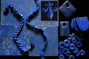 lapis lazuli is one of the most thought of blue gems shown here in squares and various bead shaped