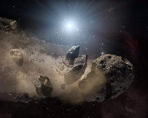 An asteroid bites the dust around a dead star in a band of asteroid space rocks.
